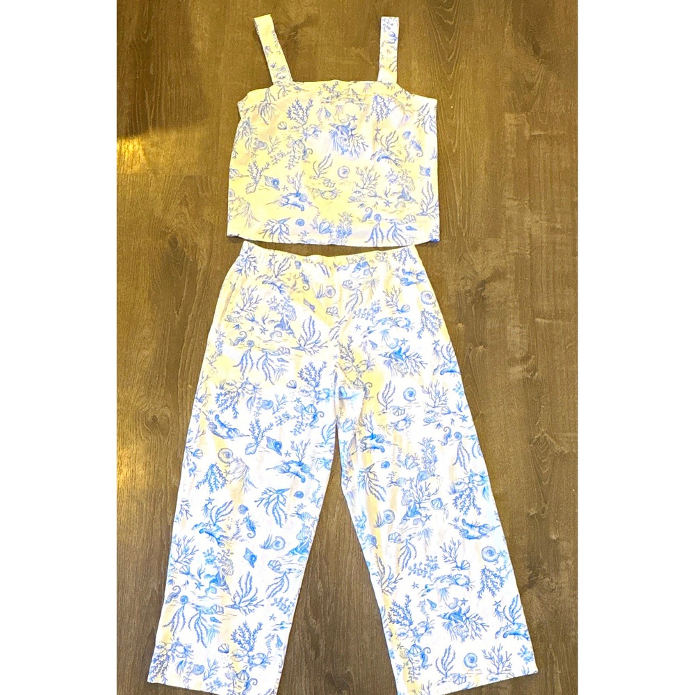 Joyspun White/Blue Ocean Toile Cotton Woven 2-Piece Top & Pants Set L STUNNING